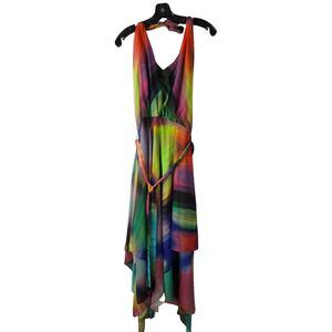 Suzi Chin Maggy Boutique Rainbow Halter Shark Hem Midi Dress 14 Belted Party